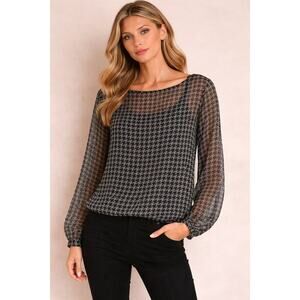 WOMENS BLACK GRAY HOUNDSTOOTH SHEER BLOUSE LONG SLEEVE